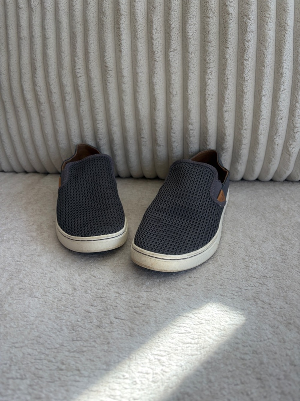 OluKai Women's Slip-On Mesh Loafers in Dark Gray with White Sole